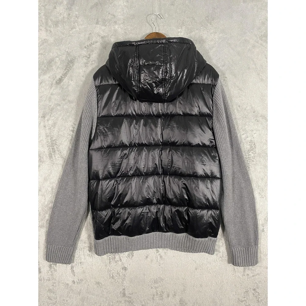 INC International Concepts Jacket Mens XL Gray Black Knit Puffer Hooded Full Zip